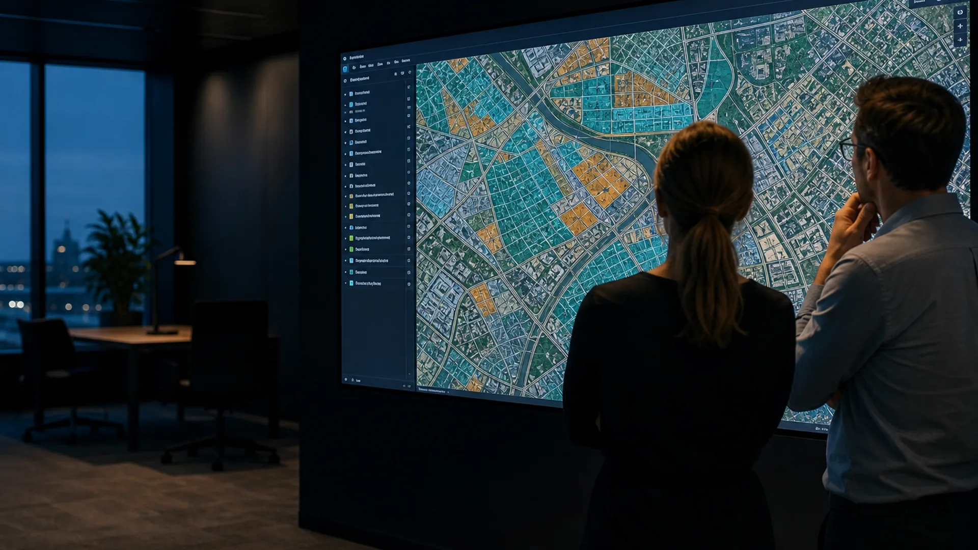 GIS-specialisten bekijken een webkaart op een groot scherm in een moderne werkomgeving