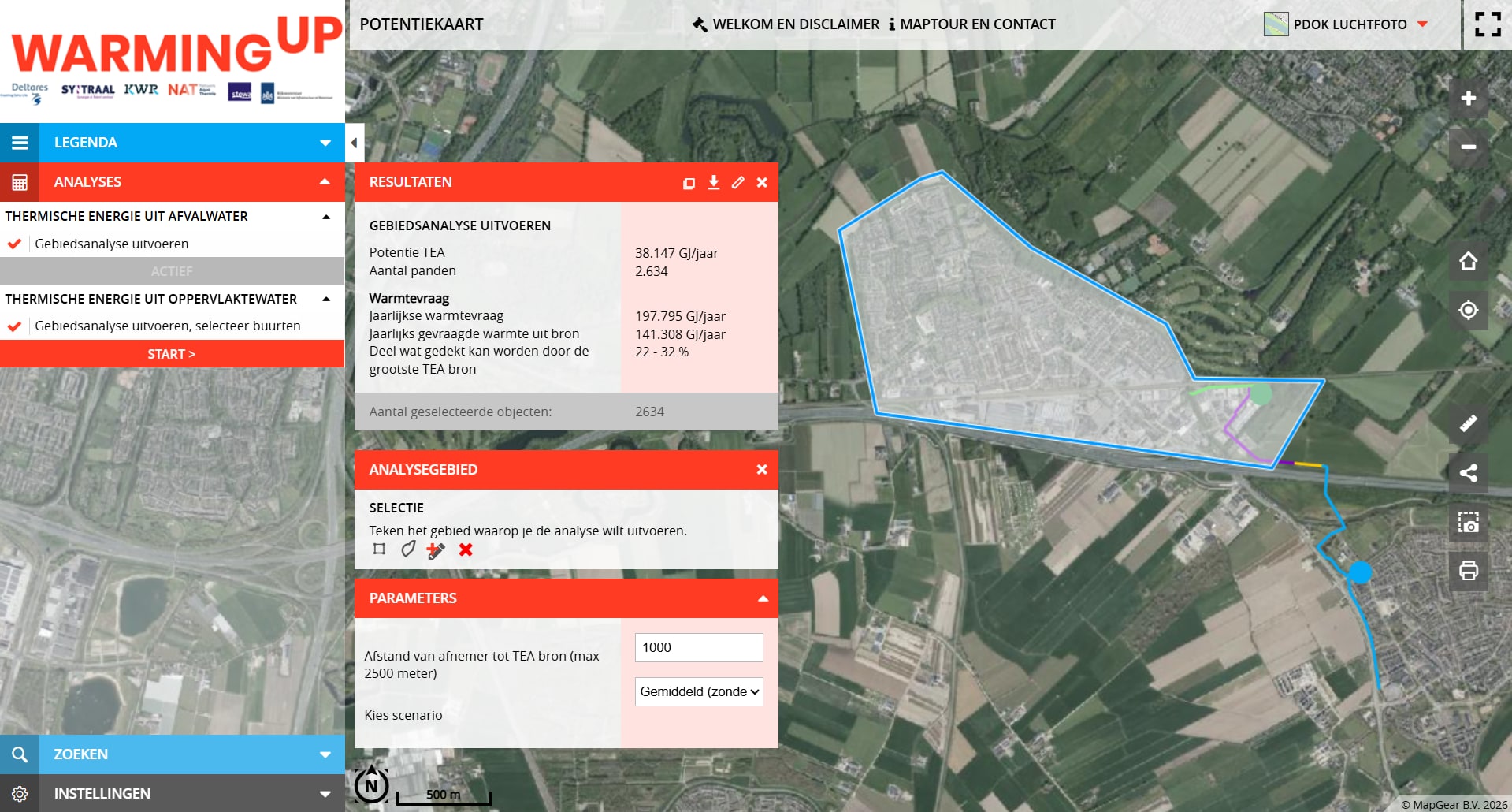 WarmingUP Aquathermie Viewer: gebiedsanalyse voor TEA en TEO op een luchtfoto