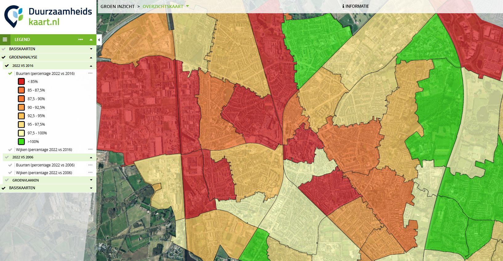 Neighbourhood-level urban green analysis: 2022 compared with 2016.